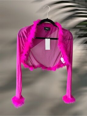 NWT Cherie Hot Pink Faux Fur Y2K Cropped Jacket Bolero - Size SMALL